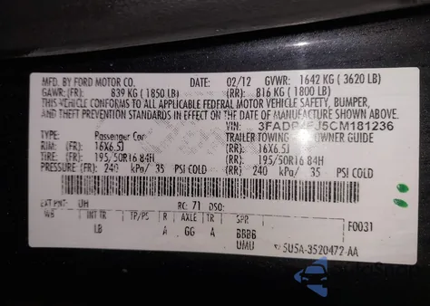 2012 Ford Fiesta Ses из США, поврежденный, VIN 3FADP4FJ5CM181236